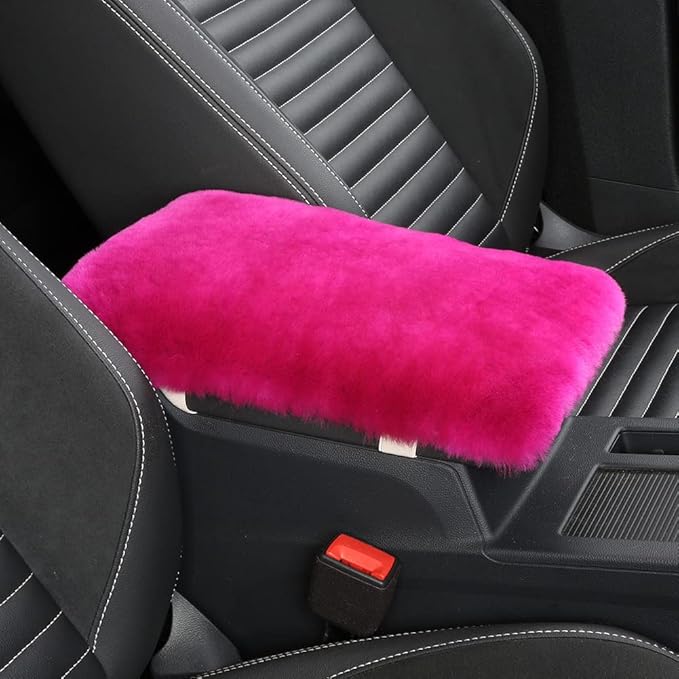 Sheepskin Armrest Cover Auto Center Armrest Cover Car Soft Console Pad, Fluffy Wool Auto Center Console Cover for Most Car Arm Rest Decoration Protector 7 x 13 Inch (Shearling, Deep Rose)