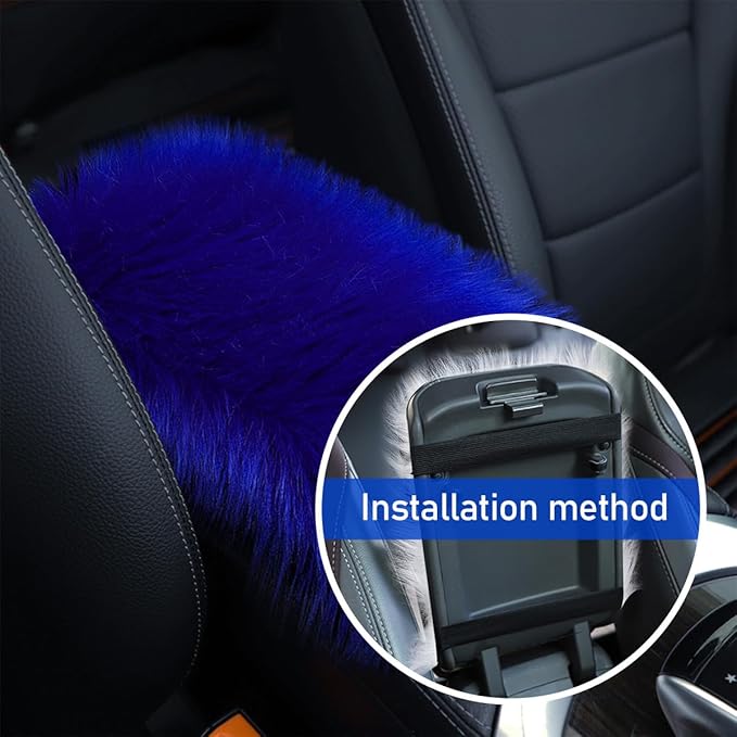 Furry Car Center Console Cover, 11.8"×7.9" Sheepskin Wool Armrest Box Cushion Pad, Comfort Soft Auto Center Console Protector, Interior Decor Accessories for Most Vehicles (Royal Blue)