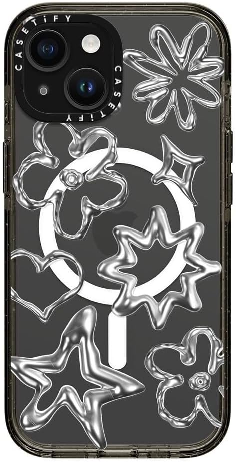 CASETiFY Impact iPhone 15 Case [4X Military Grade Drop Tested / 8.2ft Drop Protection/Compatible with Magsafe] - Chrome Doodles - Clear Black