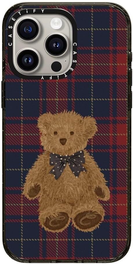 CASETiFY Impact Case for iPhone 15 Pro Max [8.2ft 4X Military Grade Drop Protection/Compatible with Magsafe] - Teddy Bear Plaid - Clear Black