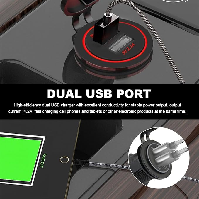 4.2A Dual USB Charger Socket, Waterproof Power Outlet 12V/24V 2.1A & 2.1A Quick Charge Socket, USB Charger Socket with Cap for Car Golf Cart Mobile RV ATV Truck Marine Boat (Red)
