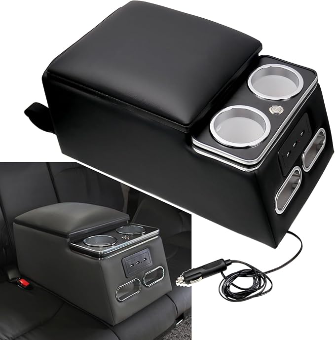 Sporacingrts Center Console Armrest Organizer with LED Light, USB Port, Cup Holders, Armrest, Padded Top Lid - Ideal for Business Upgrade Center Console Organizerand