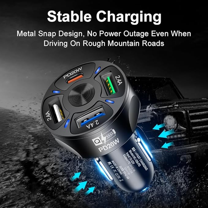 4 Port USB Fast Charging Cigarette Light Car Charger 3 * 2.4 A USB/ 1 PD20W LED Light Compatible with Tablets Cameras iPhone 14 13 12 11 Pro Max X XR XS Samsung Galaxy Series Google Pixel Android/iOS