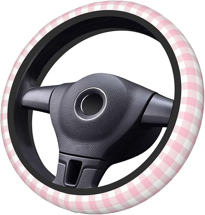 Thickened Elastic Steering Wheel Cover, Girly Pastel Pink Gingham Plaid Ultra, Soft, Breathable, Fit for Cars, SUVs, Trucks, Stylish Comfortable Grip