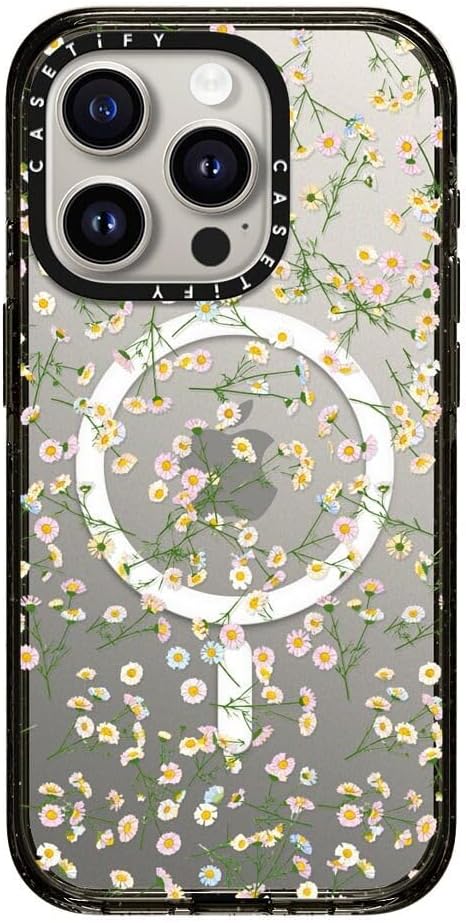 CASETiFY Impact iPhone 15 Pro Case [Slim/Compatible with Magsafe / 8.2 ft. 4X Military Grade Drop Protection] - Pressed Flowers Dainty - Clear Black