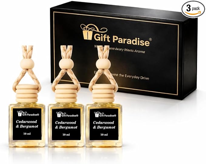 Gift Paradise® Cedarwood & Bergamot Car Air Freshener Set of 3, 10 ml Hanging Diffuser Bottles with Wooden Caps, Magnetic Gift Box, Woody Citrus Car Fragrance