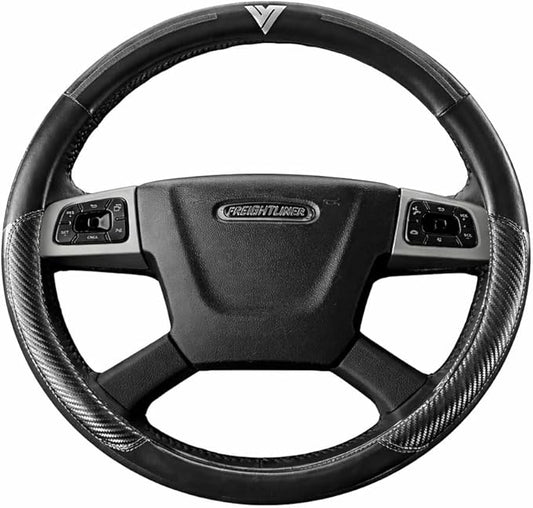 18-Inch Genuine Leather Steering Wheel Cover for Semi Trucks – Black with Grey Stripes, Universal Fit Heavy-Duty Non-Slip Grip, Comfortable Control, Easy Installation