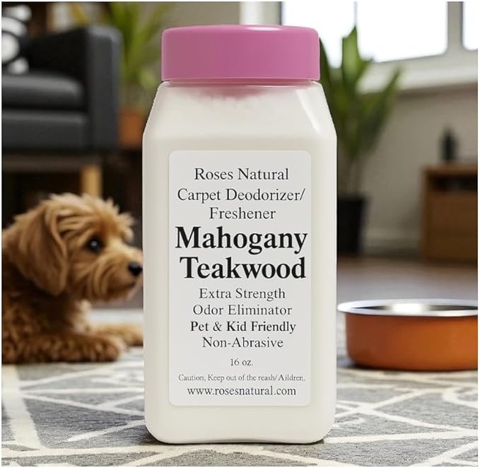 Mahogany Teakwood Carpet Deodorizer Powder – Pet Odor Eliminator & Carpet Freshener, Rugs & Upholstery, Natural Baking Soda Formula, Kid & Pet Friendly, Long Lasting Scent, 16 oz