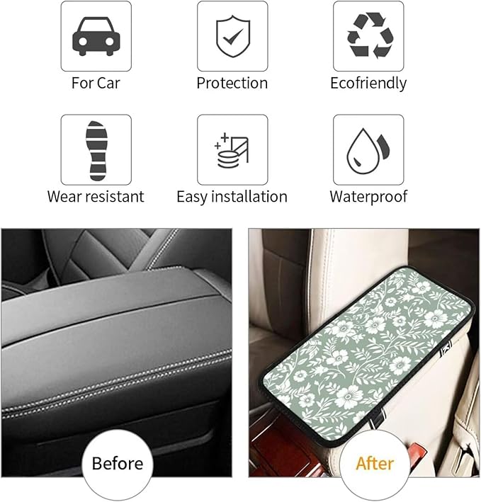 Car Center Console Armrest Cover Floral Cute Arm Rest Cover for Truck Van Sedans Leaf Sage Green Car Center Console Cushion Pad Flower Car Accessories