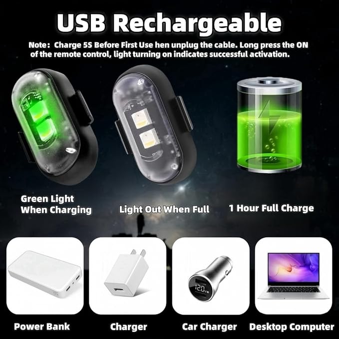 6PCS Wireless LED Strobe Lights with Remote Control, Wireless LED Warning Lights 8 Colors USB Charge IP65 Waterproof Anti-Collision, for Car Interior Motorcycle Bike Drone Car Truck RC Aircraft