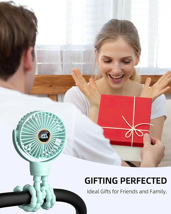 Portable Stroller Mini Fan, Small Rechargeable Personal Fan, Travel Essentials for Baby, Wagon, Car Seat, Treadmill, Battery Powered Biking Gear Accessories, 360° Rotation, 3-Speed, Display, Aqua