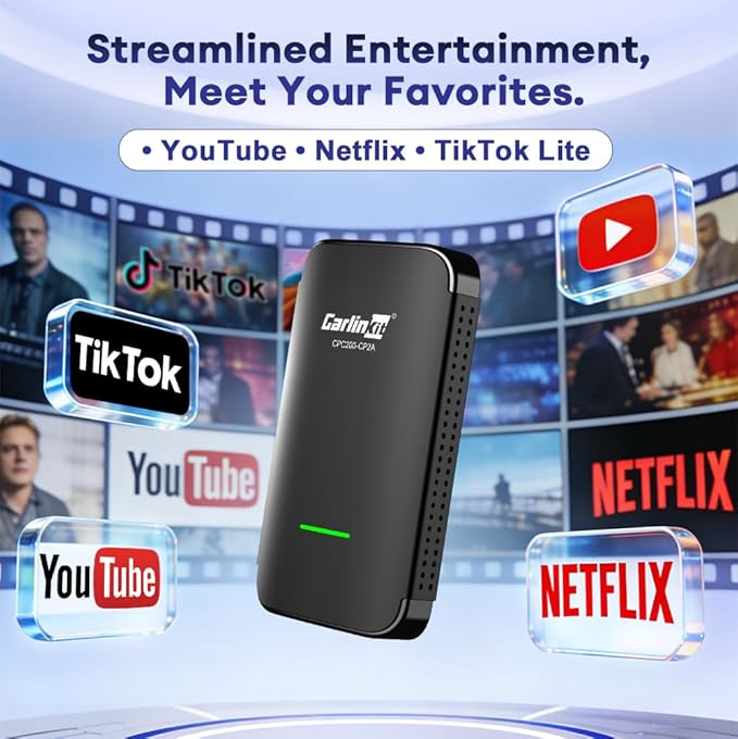 Carlinkit CP2A Pro Wireless CarPlay Adapter- Supports for Netflix/YouTube/TikTok Lite Streaming for Factory Wired CarPlay Cars, Wireless Android Auto & Car Play Dongle, USB-A/C, Online Upgrade