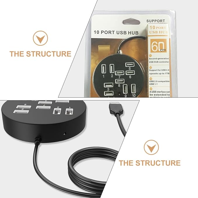 Housoutil USB Splitter 10 Port USB Hub Laptop Accessory Data Dock Station Easy Connection Cable