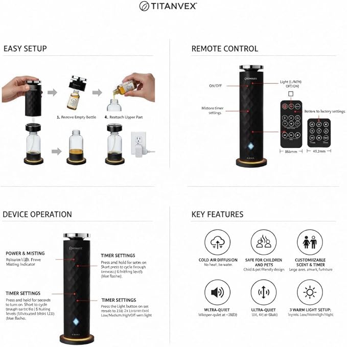 Essential Oil Diffuser Bundle - Cordless Waterless Diffuser for Home, Office, Car, Bathroom – USB Rechargeable Remote Control Portable Nebulizer Aromatherapy Diffusers – 1,100Sq. Ft. Coverage