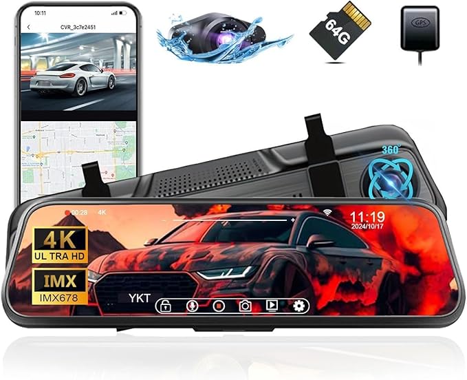 YKT 4K Mirror Dash Cam, Rear View Mirror Camera for Car with 2K Camera and 64GB Card, 10' Touch Screen Front and Rear Dashcam WiFi GPS, Night Vision, G-Sensor, Reverse Assist, 24H Parking Mode