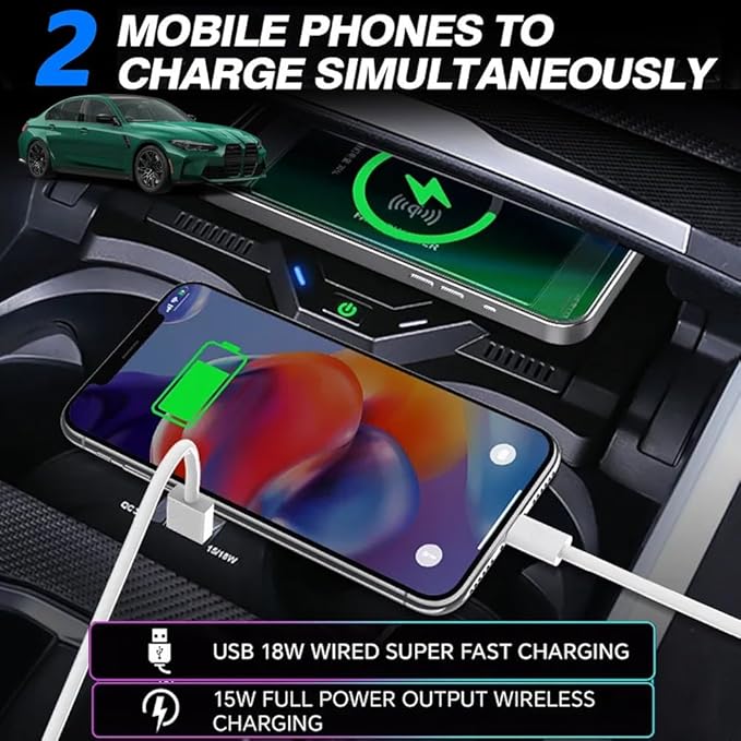 Wireless Car Charger for BMW 3 Series G20 2019-2024, for BMW 4 Series G22 2020-2024, for BMW 2 Series 2022-2024, OEM Custom Fit with 27W USB-A & Type-C Wireless Fast Phone Charging Pad