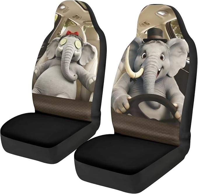 Elephant Car Front Seat Covers Set of 2 Funny Nonslip Car Seat Covers Front Seats Only Stretch Polyester Fabric Cover Cars Seats Covers Protector for Cars Sedans SUVs