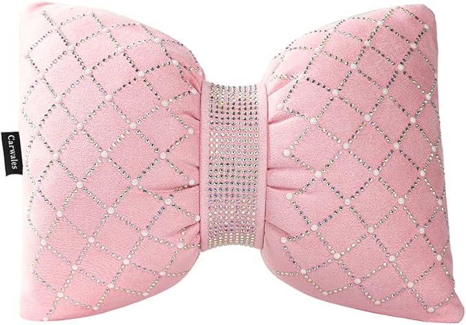 Car Headrest Pillow Pink Sparkly Bling Rhinestone Accessories for Women Bow Seat Neck Support Pillow for Travel Driver Chair Head Rest 2pcs