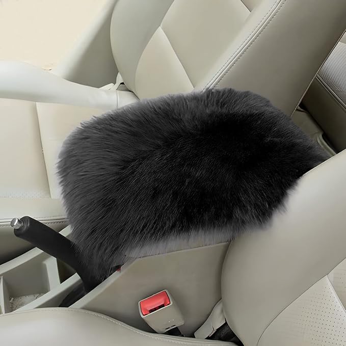 Furry Auto Center Console Cover Pad, 11.8"x7.8" Soft Sheepskin Wool Armrest Cushion, Fluffy Vehicle Armrest Seat Box Protector Warm in Winter, Car Interior Accessories for Women and Men (Black)