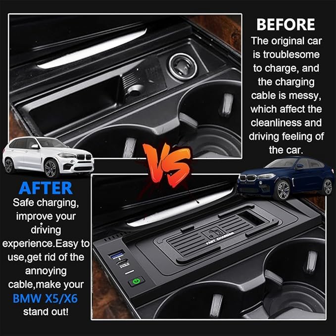 Wireless Car Charger for BMW X5 2014-2018 BMW X6 2015-2019, OEM Custom Fit with 27W USB-A & Type-C Wireless Fast Phone Charging Pad for BMW X5 (F15)/X6 (F16) 2014-2019 Interior Accessories