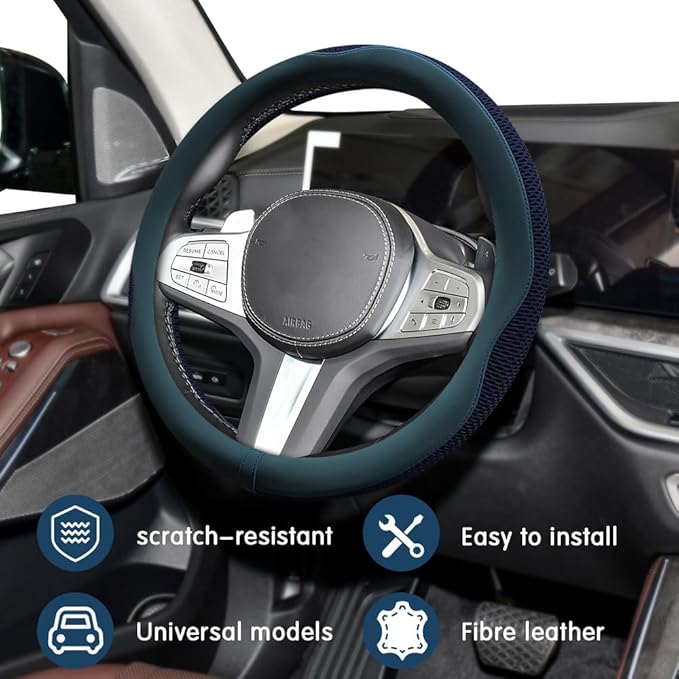 Car Steering Wheel Cover, Steering Wheel Accessories, Universal 15 Inch Microfiber Breathable LCE Silk, Car Accessories Breathable Anti-Slip Protector Universal for SUV Sedan Truck (Blue)