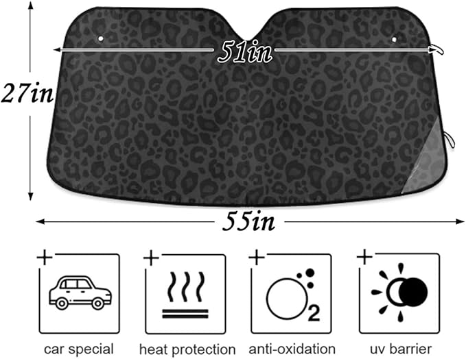 Black Leopard Car Windshield Sun Shade Animal Skin Print Foldable UV Ray Sun Visor Protector Sunshade to Keep Your Vehicle Cool (51" x 27.6")