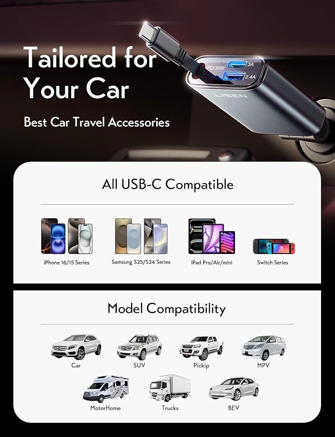 LISEN Retractable Car Charger USB C, [Upgraded 72W Max] Car Accessories for F150/Jeep Gadgets Gifts for Men Women, Valentine Gifts for Men Him Her Car Charger for iPhone/Android Truck RV Electronics