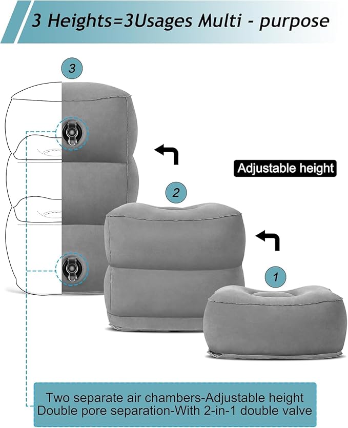 JefDiee Inflatable Foot Rest Pillow, Kids Airplane Bed, Adjustable 3 Layers Height Leg Rest Pillow, Airplane Travel Essentials Great for Office, Home, Trains, Cars