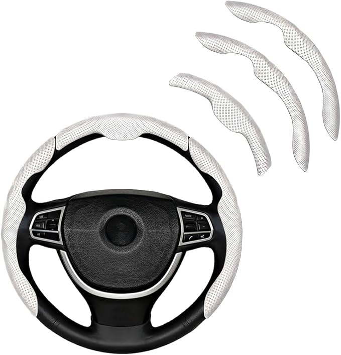 3PCS Car Steering Wheel Cover, Nappa Leather Breathable Non-Slip Segmented Steering Wheel Protector, Snap-on Auto Interior Decoration Accessories, Universal Fit (White)