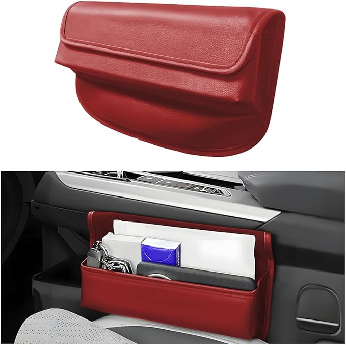 Car Seat Gap Filler Organizer, Leather Vehicle Side Seat Gap Storage Box with Lid for Phone Key Card, L-Capacity Auto Interior Organization, Universal for SUV Sedan Truck (Wine Red)