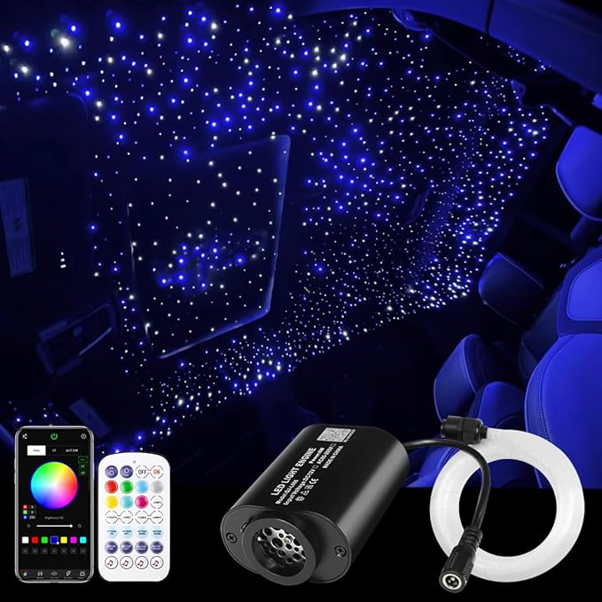 AMKI Mini 6W Starlight Headliner Kit 500pcs 0.03in 9.8ft,Twinkle+Sound Activated Fiber Optic Light 4Lamp Beam Starlight Box APP/Remote Control for Car Home Star Ceiling Decoration