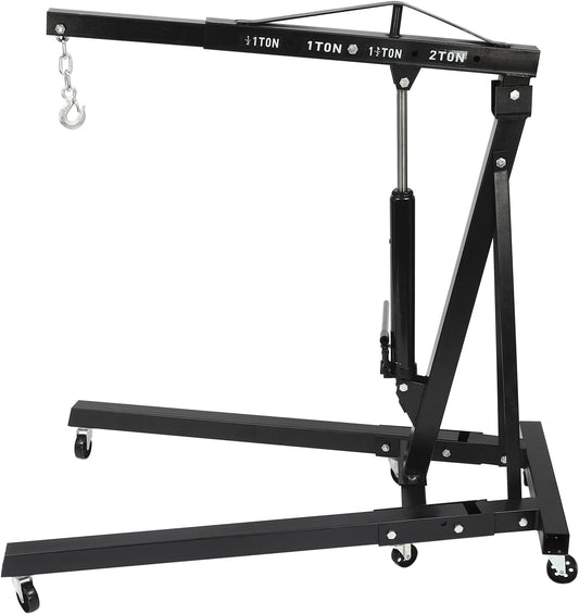 2 Ton(4409lbs) Folding Engine Hoist Heavy Duty Carbon Steel Hydraulic Shop Engine Crane Cherry Picker Shop Crane Hoist Lift with 6 Iron Caster Wheels for Car Fixing Workshop Garage (Black)