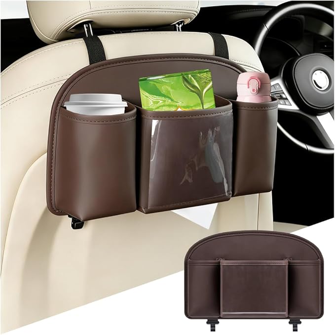 Car Back Seat Organizer, Leather 4-in-1 Seat Back Hanging Storage Bag with Tissue Box, 2 Cup Holder & Hook, Multi-Purpose Backseat Organizer Pocket for Hold Phone Drink, Universal Fit (Brown)