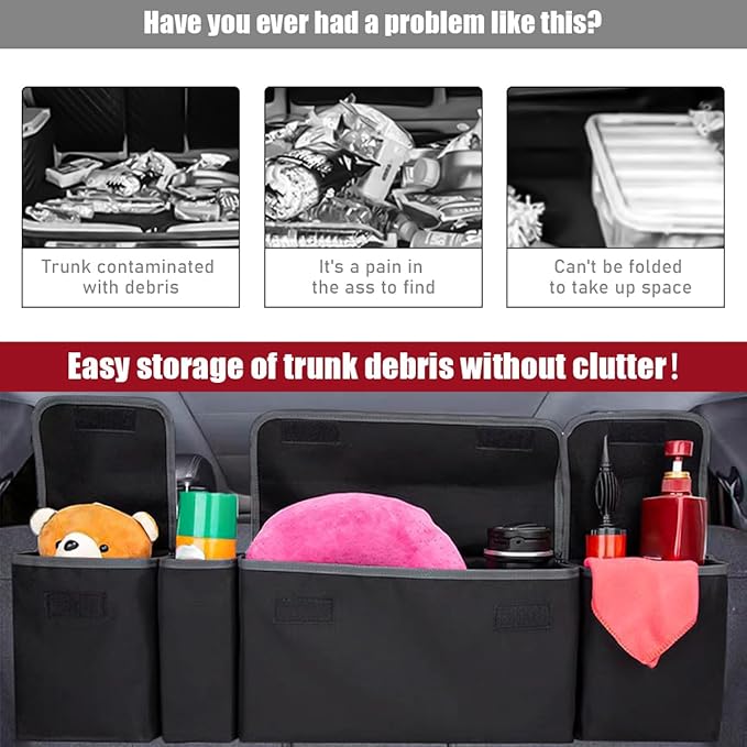 Car Trunk Organizer, Oxford Backseat Storage Bag with 4 Pockets, Waterproof Adjustable Large Capacity Hanging Collapsible Bag for Most Vehicles, Universal Car Accessories