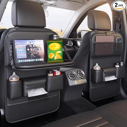 2 Pack Leather Car Backseat Organizer with Foldable Table Tray, Car Seat Back Protector Kick Mats with Tablet Holder, Travel Accessories Storage Organizer