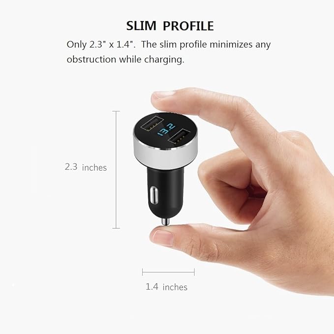 LIHAN 2 USB Car Charger,12V/24V Voltage Meter, Output 4.8A, Cigarette Lighter Plug Adapter Compatible with iPhone,iPad, Samsung, USB Charging Devices, Silver