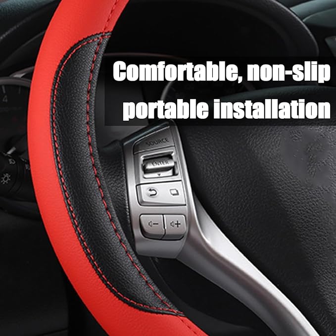 BELOMI Leather Car Steering Wheel Cover, Universal 15 Inch for Car Truck SUV, Non-Slip and Breathable, Sport Style Design Odorless Steering Wheel Protector, Automotive Interior Accessories (Red)
