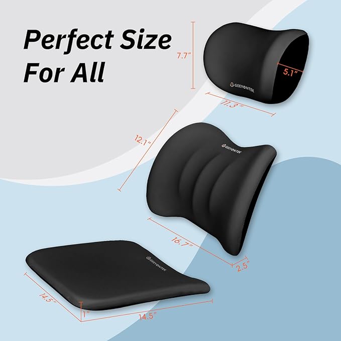 Car Seat Cushion with Neck Pillow & Lumbar Support Kit Back Sciatica Tailbone Pain Relief Car Pillows Ergonomic Memory Foam Back Support for Driving Seat Office Chair Wheelchair Black