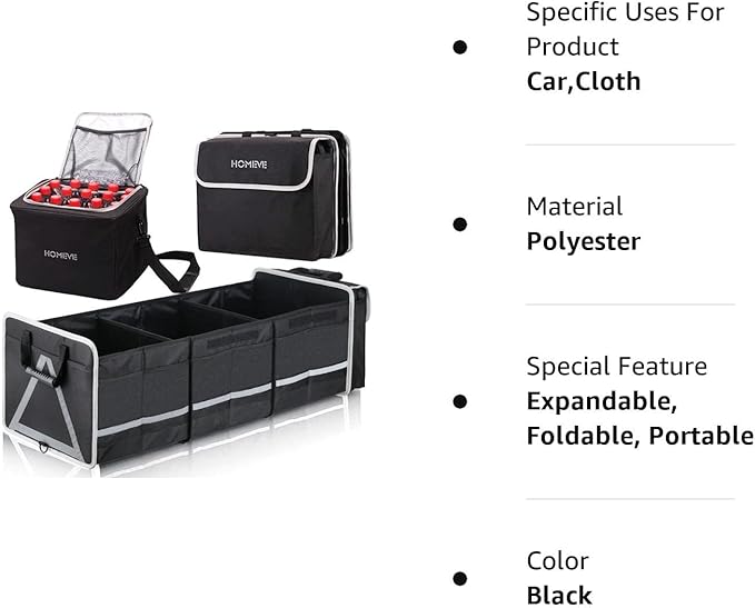 Homeve Trunk Organizer, Car Storage, Reinforced Handles, Collapsible Multi-Compartment, Foldable, Waterproof, Sturdy, 600D Oxford Polyester For Car, SUV, Mini-Van, Black-Large, 3 Compart