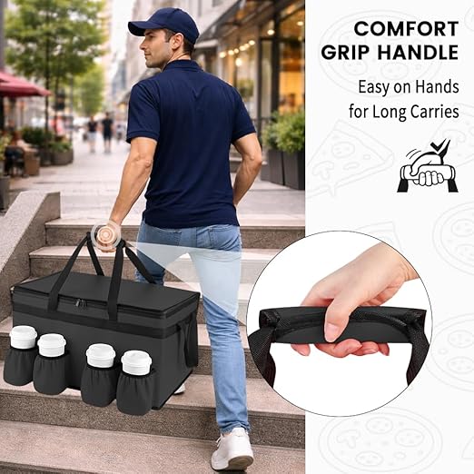 CIVJET Insulated Food Delivery Bag with 4 Cup Holder and Bottom Support, XX-Large Insulated Grocery Bags Keep Food Hot/Cold, Cooler Bags with Drink Carrier, Food Carrier Catering Bag for Events, Black