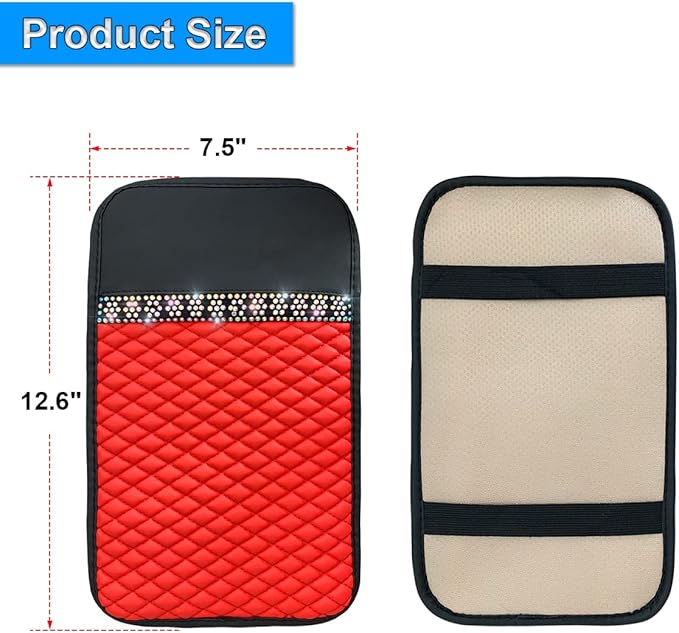 Bling Leather Car Center Console Cover, Car Center Console Protector With Glossy Crystal Rhinestone, Universal Waterproof Car Armrest Seat Box Cover For Most Car, Vehicles, SUVs, Trucks (Red)