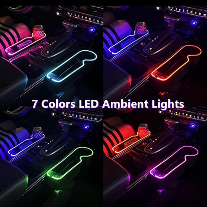7 Color Led Car Seat Gap Organizer Car Seat Pocket Gap Filler with USB+C Charger,2 Pack Car Seat Gap Storage Console Side Gap Filler with Cigarette Lighter 2026 Fast Charger Seat Gap Filler (Black)
