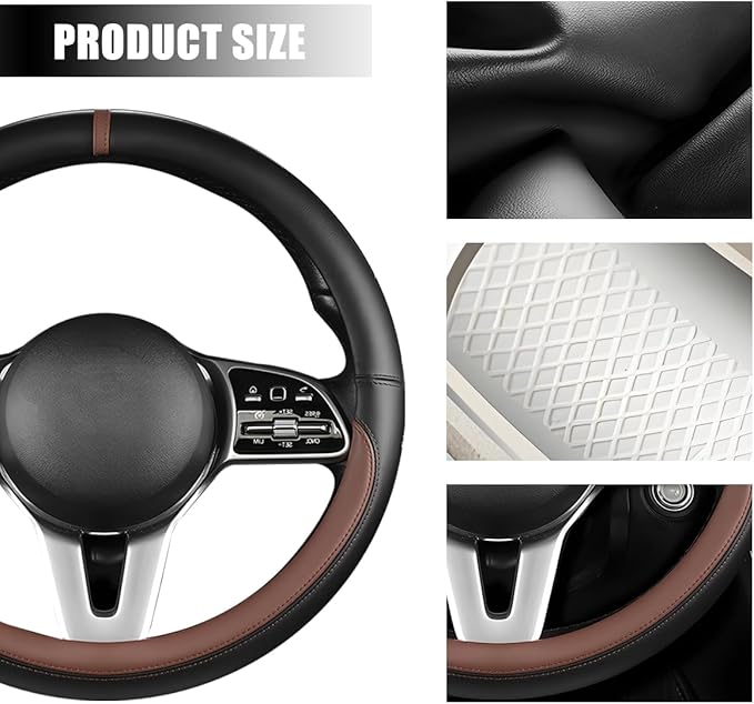 Car Steering Wheel Cover, 15 Inch Leather Anti-Slip Breathable Vehicle Steering Wheel Protector, Automotive Interior Protection Accessories, Universal for SUV Sedan Truck (Black/Coffee)