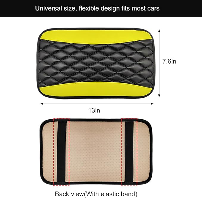 Car Center Console Cushion Pad, 12.6 × 7.48 Inches Waterproof Car Armrest Seat Box Cover, PU Leather Armrest Cover Protector for Most Vehicle, Universal Car Interior Accessories (Black+Yellow)