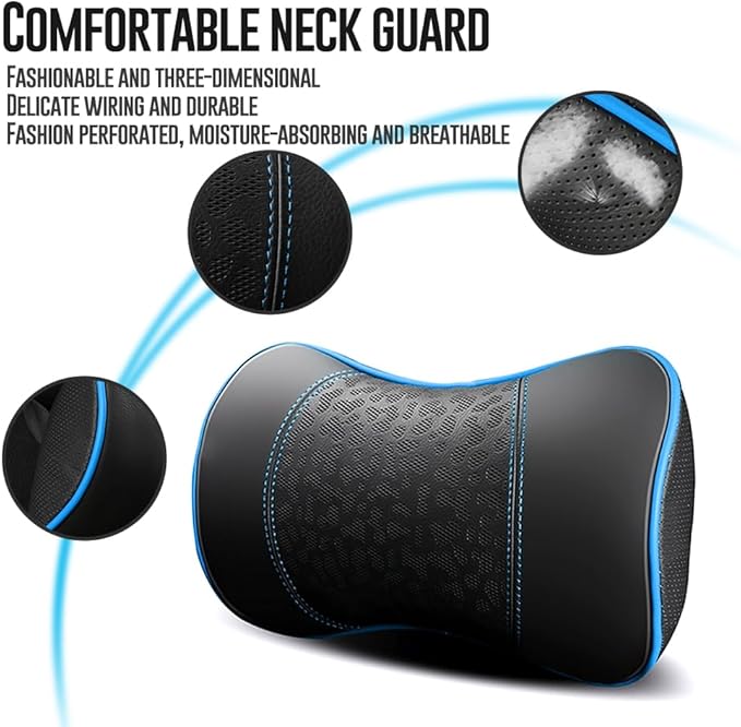 Car Leather Neck Pillows, Neck Rest Cushions,100% Memory Foam Cervical Support, Comfortable Travel car Seats and Home Office Soft Pillows, Blue a Set (2 pcs