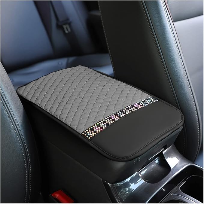 Bling Leather Car Center Console Cover, Car Center Console Protector With Glossy Crystal Rhinestone, Universal Waterproof Car Armrest Seat Box Cover For Most Car, Vehicles, SUVs, Trucks (Gray)