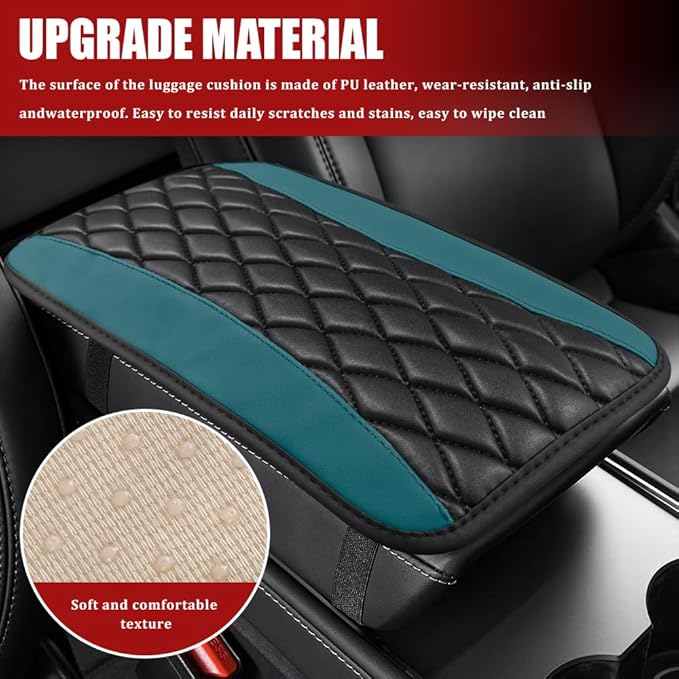 Car Center Console Cushion Pad, Armrest Cover for Car, Leather Waterproof Armrest Seat Box Cover, Auto Accessories Comfortable Arm Rest Box Cushion Pad for Most Vehicles (Dark Green)
