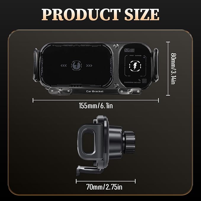 Wireless Charging Rotating Car Mount, High Intelligent 2 in 1 Auto Rotating Phone Holder, One-Click Rotation & Clamping,Car Charger Fast Charging,Universal Phone Holder for Smartphone/Pad (Black)