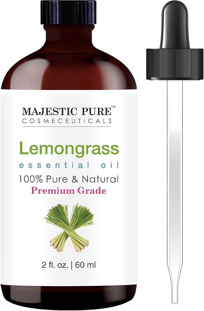 Majestic Pure Essential Oil with Glass Dropper - 100% Pure and Natural - Essential Oils for Diffuser, Aromatherapy, Soap and Candle Making, Lemongrass Essential Oil, Lemongrass Oil, 2 Fl Oz
