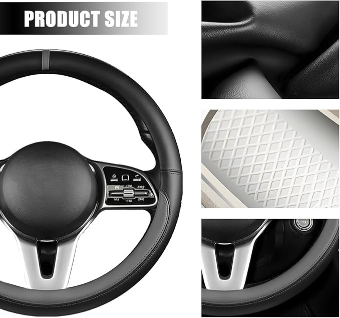 Car Steering Wheel Cover, 15 Inch Leather Anti-Slip Breathable Vehicle Steering Wheel Protector, Automotive Interior Protection Accessories, Universal for SUV Sedan Truck (Black/Gray)